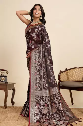Maroon floral print woven satin banarasi saree with blouse