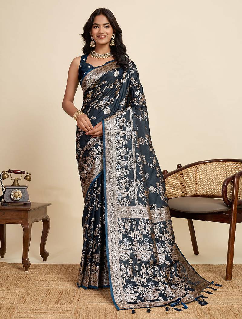 Navy blue floral print woven satin banarasi saree with blouse