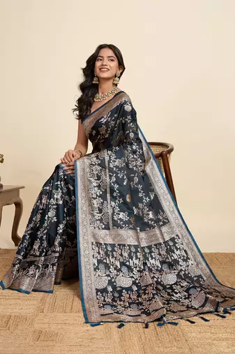 Navy blue floral print woven satin banarasi saree with blouse