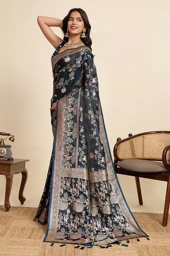Navy blue floral print woven satin banarasi saree with blouse