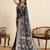 Navy blue floral print woven satin banarasi saree with blouse
