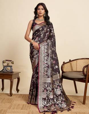 Purple floral print woven satin banarasi saree with blouse 1