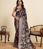 Purple floral print woven satin banarasi saree with blouse