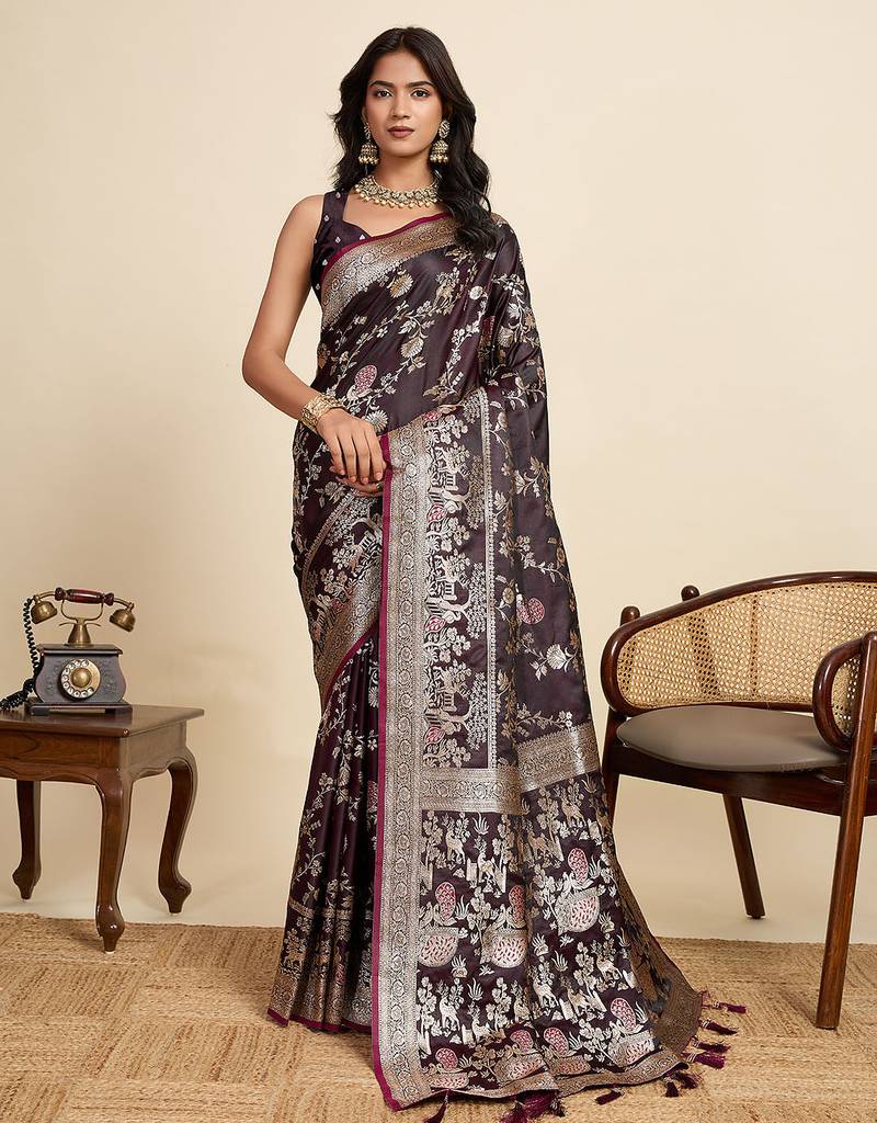 Purple floral print woven satin banarasi saree with blouse
