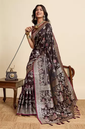 Purple floral print woven satin banarasi saree with blouse