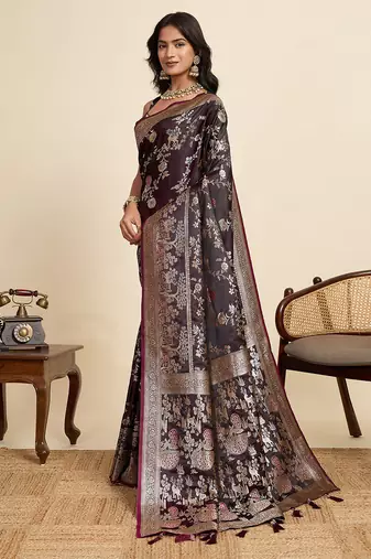 Purple floral print woven satin banarasi saree with blouse