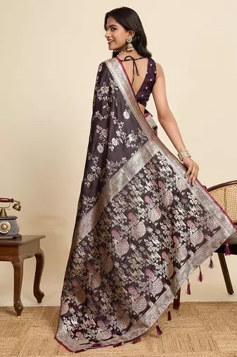 Purple floral print woven satin banarasi saree with blouse