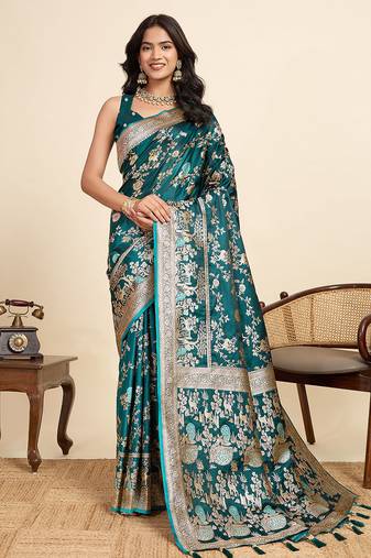 Teal blue floral print woven satin banarasi saree with blouse