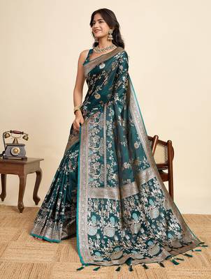 Teal blue floral print woven satin banarasi saree with blouse 2