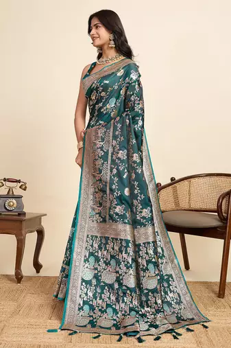 Teal blue floral print woven satin banarasi saree with blouse