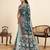 Teal blue floral print woven satin banarasi saree with blouse