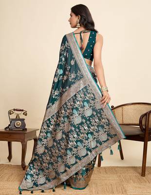 Teal blue floral print woven satin banarasi saree with blouse 4