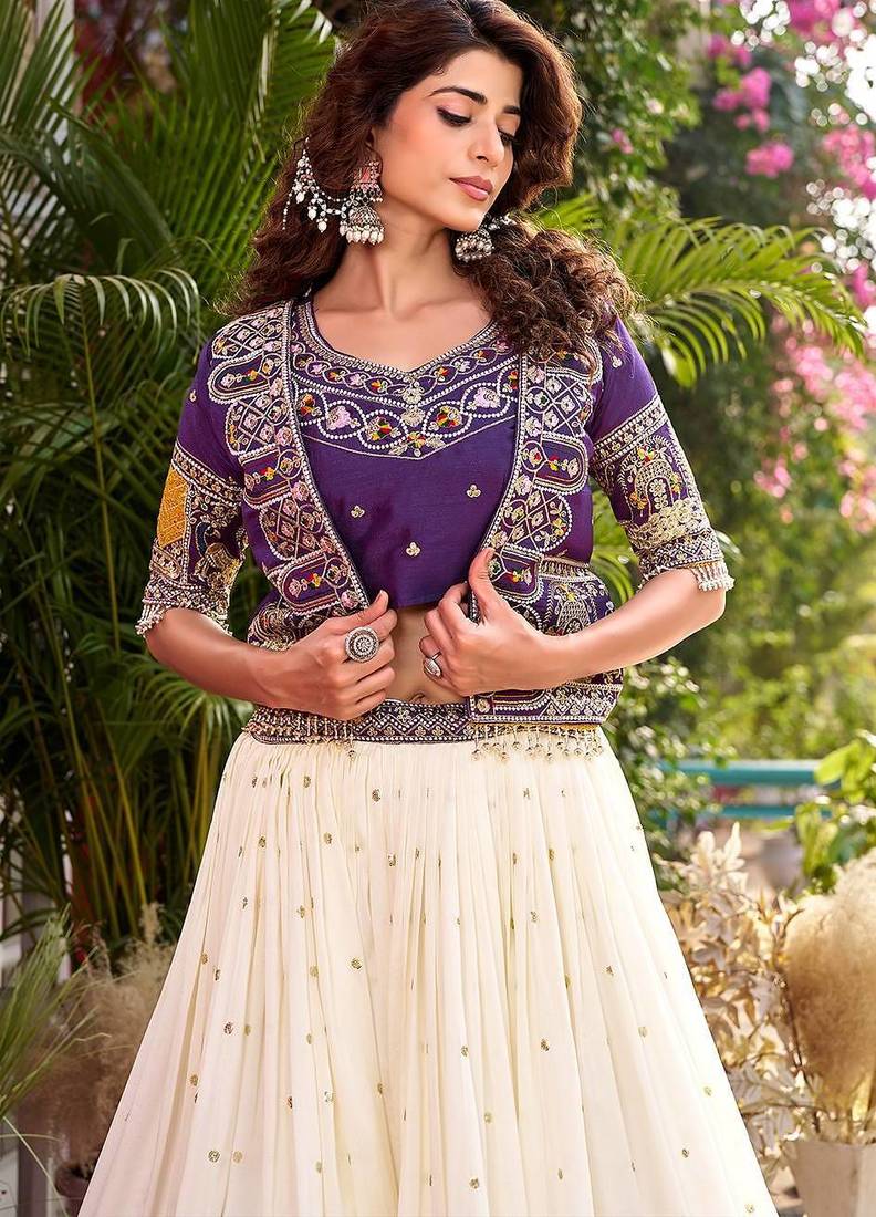 Purple Color embroidery Thared Work Vichitra Silk Lahenga Choli Set
