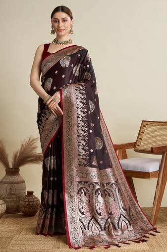 Maroon woven embellished self design satin silk blend banarasi saree with blouse