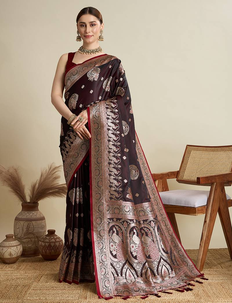 Maroon woven embellished self design satin silk blend banarasi saree with blouse