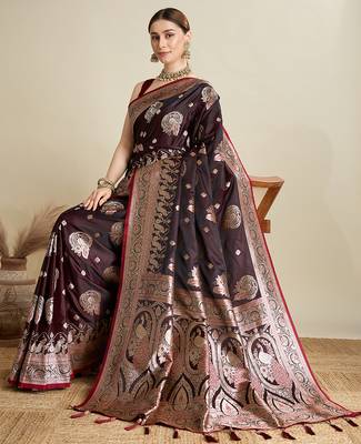 Maroon woven embellished self design satin silk blend blend banarasi saree with blouse 2