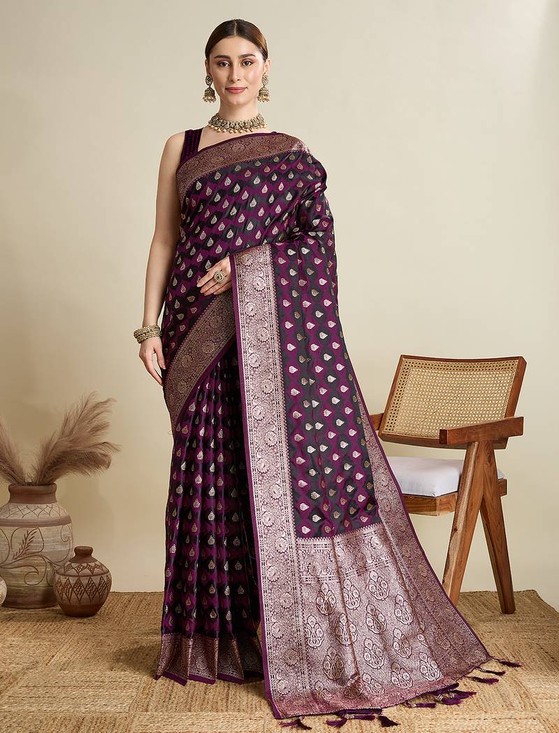 Wine woven embellished self design satin silk blend banarasi saree with blouse