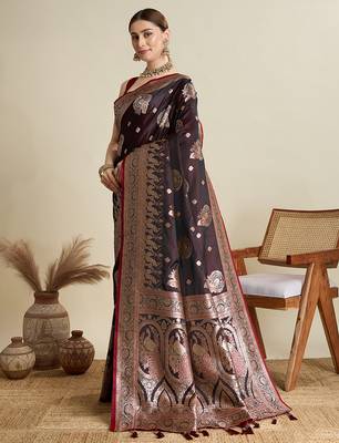 Maroon woven embellished self design satin silk blend blend banarasi saree with blouse 3