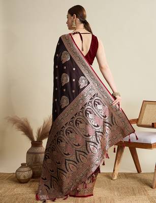 Maroon woven embellished self design satin silk blend blend banarasi saree with blouse 4
