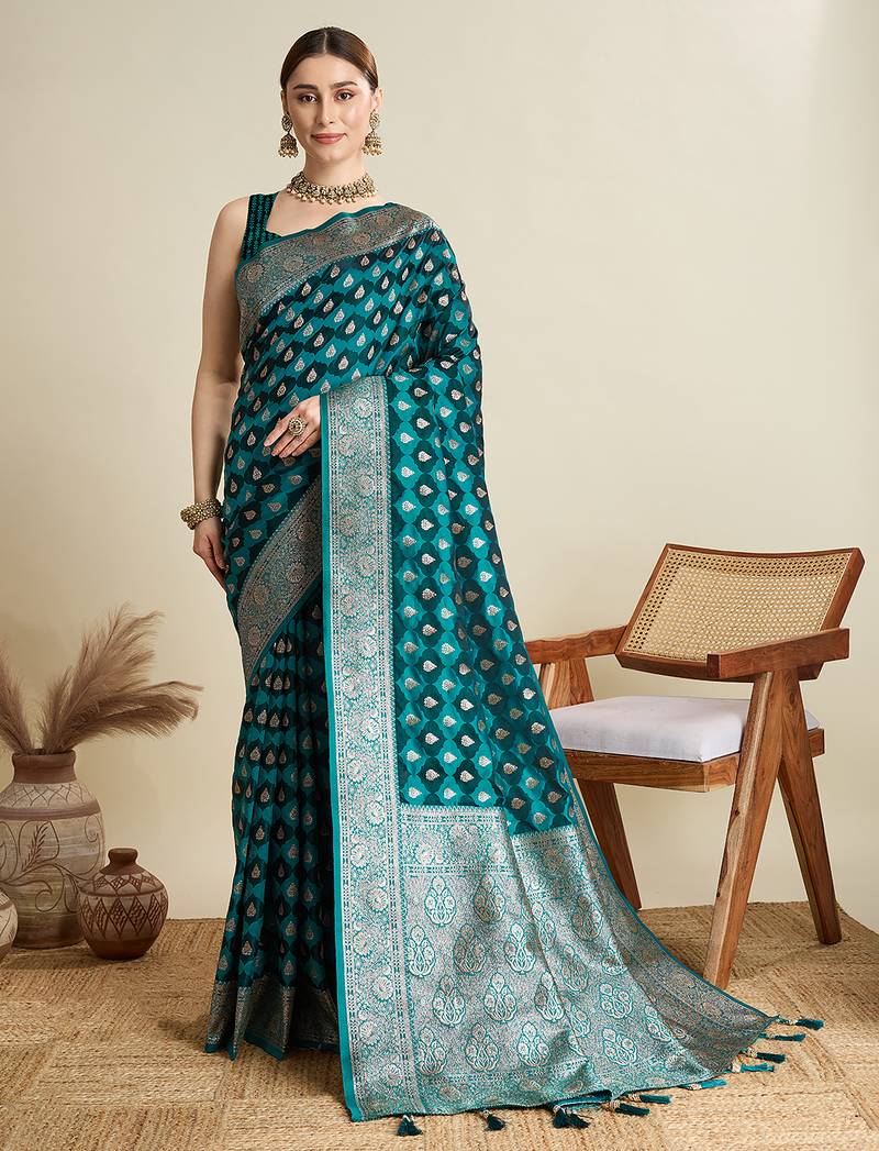 Teal green woven embellished self design satin silk blend banarasi saree with blouse