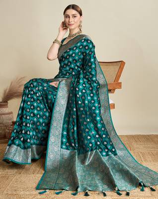 Teal green woven embellished self design satin silk blend blend banarasi saree with blouse 2