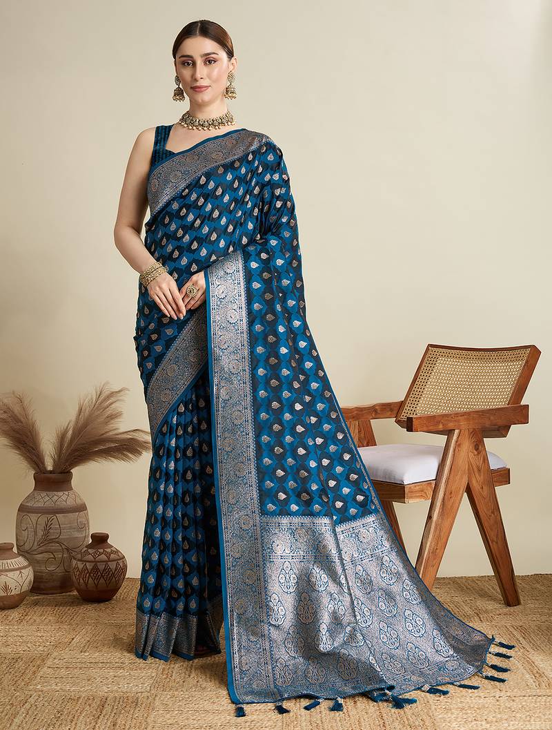 Teal blue woven embellished self design satin silk blend banarasi saree with blouse