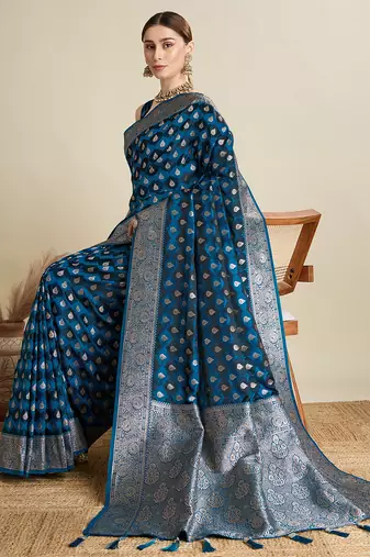 Teal blue woven embellished self design satin silk blend banarasi saree with blouse