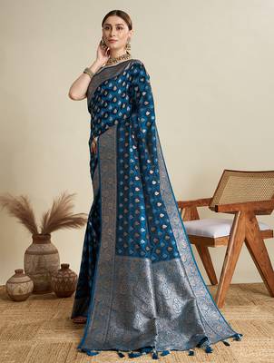 Teal blue woven embellished self design satin silk blend blend banarasi saree with blouse 3