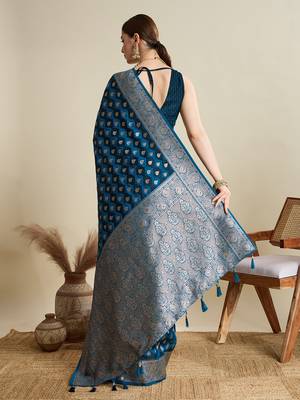 Teal blue woven embellished self design satin silk blend blend banarasi saree with blouse 4