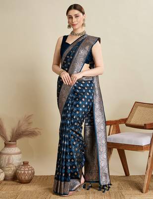 Navy blue woven embellished self design satin silk blend blend banarasi saree with blouse 2