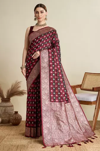 Maroon woven embellished self design satin silk blend banarasi saree with blouse
