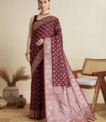 Maroon woven embellished self design satin silk blend banarasi saree with blouse
