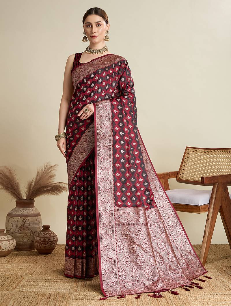 Maroon woven embellished self design satin silk blend banarasi saree with blouse