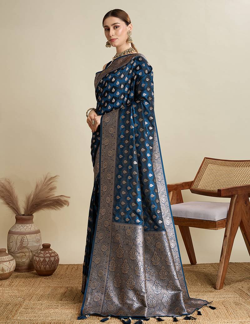 Navy blue woven embellished self design satin silk blend banarasi saree with blouse