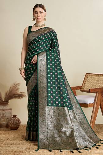 Green woven embellished self design satin silk blend banarasi saree with blouse
