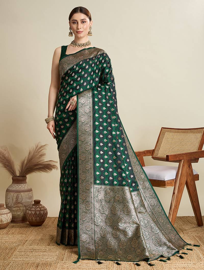 Green woven embellished self design satin silk blend banarasi saree with blouse