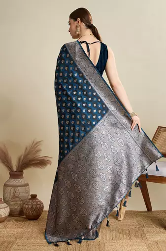 Navy blue woven embellished self design satin silk blend banarasi saree with blouse