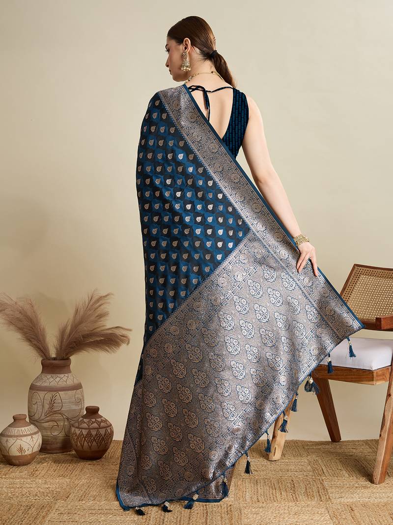 Navy blue woven embellished self design satin silk blend banarasi saree with blouse