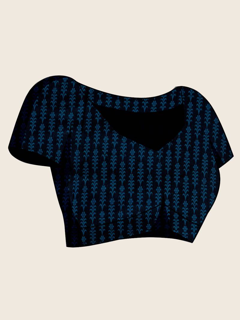 Navy blue woven embellished self design satin silk blend banarasi saree with blouse