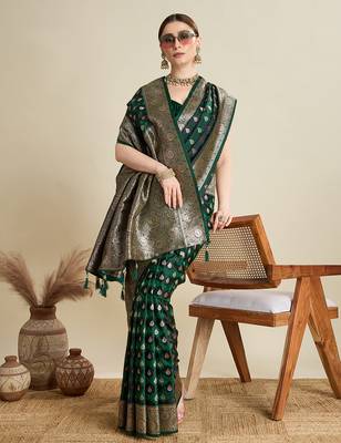 Green woven embellished self design satin silk blend blend banarasi saree with blouse 2