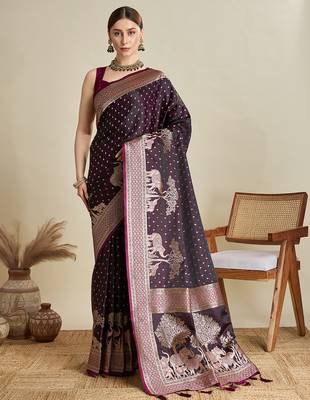 Wine woven embellished self design satin silk blend blend banarasi saree with blouse 1