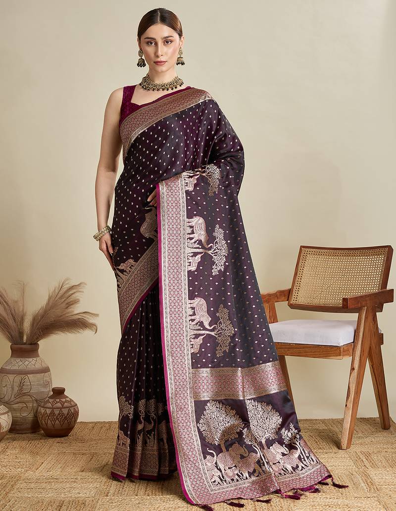 Wine woven embellished self design satin silk blend banarasi saree with blouse