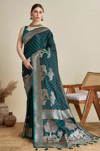 Teal green woven embellished self design satin silk blend banarasi saree with blouse