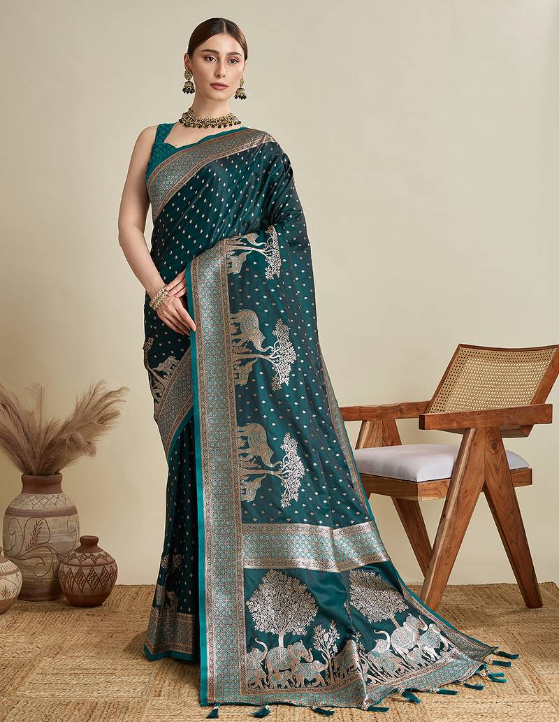 Teal green woven embellished self design satin silk blend banarasi saree with blouse