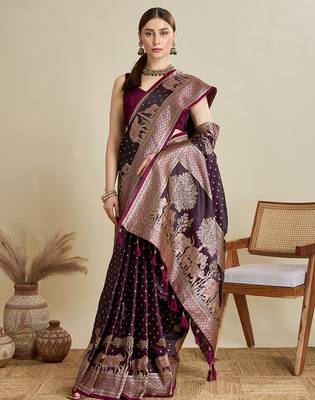 Wine woven embellished self design satin silk blend blend banarasi saree with blouse 2
