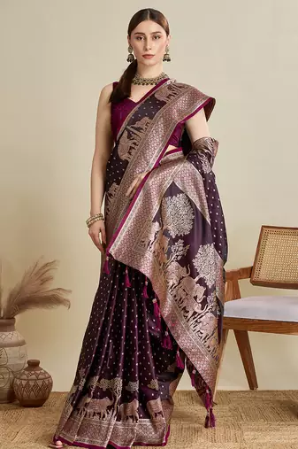Wine woven embellished self design satin silk blend banarasi saree with blouse