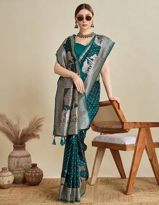 Teal green woven embellished self design satin silk blend blend banarasi saree with blouse 2