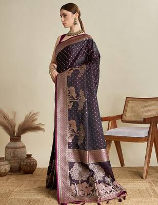 Wine woven embellished self design satin silk blend blend banarasi saree with blouse 3