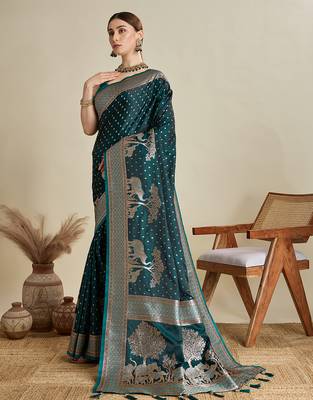 Teal green woven embellished self design satin silk blend blend banarasi saree with blouse 3
