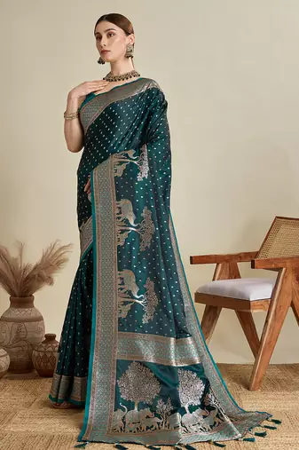Teal green woven embellished self design satin silk blend banarasi saree with blouse